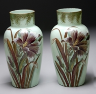 Picture of A pair of painted, late Victorian period, green Opaline  glass vases