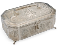Picture of A very fine and intricately carved Indian silver octagonal shaped jewellery box