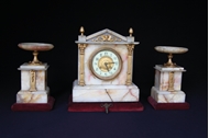 Picture of A FRENCH THREE-PIECE PINK MARBLE MANTEL CLOCK GARNITURE SET