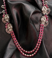 Peacocks in Red Stone & Silver